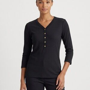 LRL Lauren Ralph Lauren Black Henley Top 3/4 Sleeve Cotton Shirt L